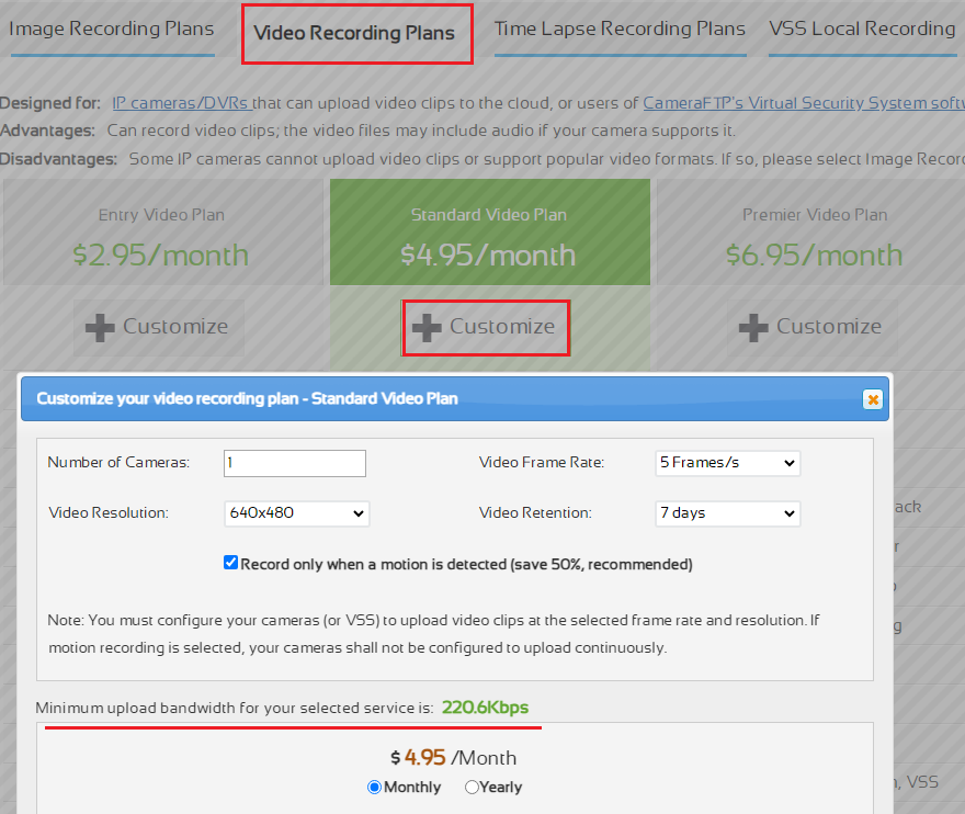 Estimate video stream bit rate with CameraFTP bandwidth calculator