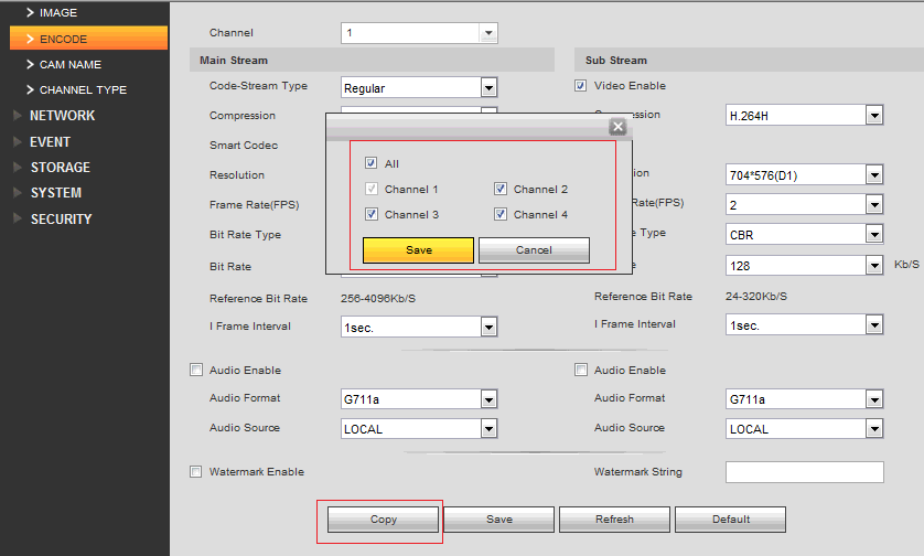 Copy settings to all DVR camera channels