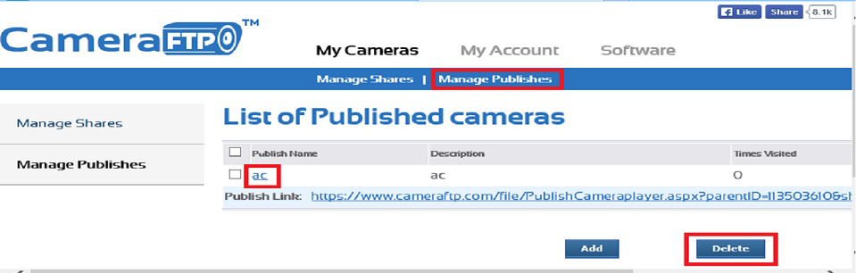 Manage published cameras